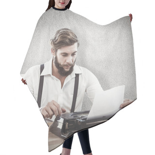 Personality  Hipster Using Typewriter At Desk In Office Hair Cutting Cape