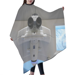 Personality  Basra, Iraq - MAY 25, 2021: Microscope Of Femto Smile Machine For Refractive Surgery Operations Hair Cutting Cape