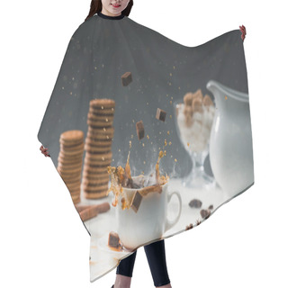 Personality  Cane Sugar Cubes Splashing In Cup With Hot Black Coffee In Front Of Biscuits And Spices Hair Cutting Cape