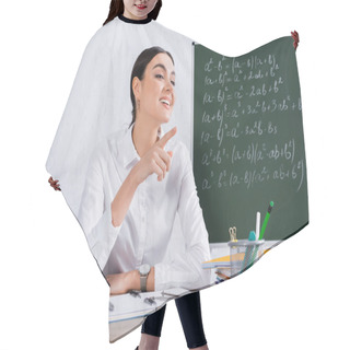 Personality  Teacher Pointing With Finger Near Notebooks And Blurred Chalk  Hair Cutting Cape
