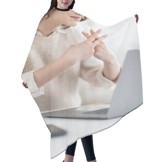 Personality  Cropped View Of Teacher Showing British Two Handed Sign Alphabet Meaning Letter F While Teaching Fingerspelling Online  Hair Cutting Cape
