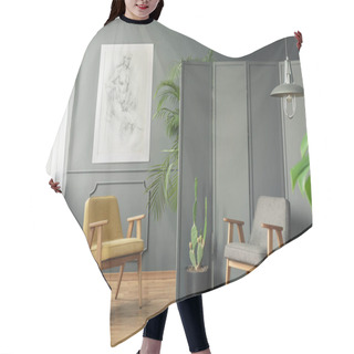 Personality  Two Chairs Standing On A Wooden Floor In A Grey Room Interior Next To A Screen And Plants Around Them Hair Cutting Cape