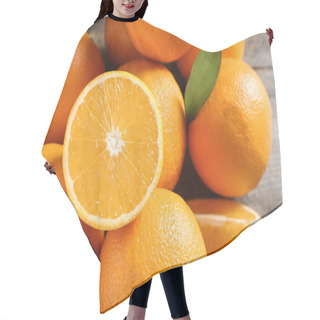 Personality  Fresh Oranges With Leaves On Wooden Table, Closeup Hair Cutting Cape