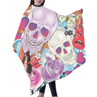 Personality  Seamless Pattern With Hearts, Skulls And Flowers Hair Cutting Cape