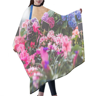 Personality  Pink And Blue Blooming Flowers In Pots With Empty Tags Hair Cutting Cape