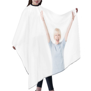 Personality  Senior Woman Standing With Arms Up Isolated On White Hair Cutting Cape