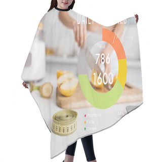Personality  Selective Focus Of Measuring Tape And Scales Near Fit Girl Cutting Fresh Fruits For Smoothie On Kitchen Table, Daily Calories Illustration Hair Cutting Cape
