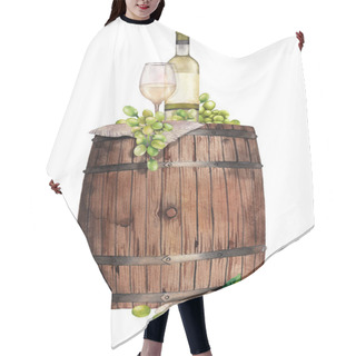 Personality  Watercolor Glass Of White Wine, Bottle And Grapes On The Wooden Barrel Hair Cutting Cape