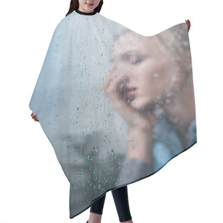 Personality  Selective Focus Of Sad Woman Covering Face With Hand Through Window With Raindrops And Copy Space Hair Cutting Cape