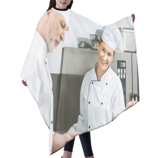 Personality  Selective Focus Of Female And Male Chef In Uniforms Having Conversation In Restaurant Kitchen Hair Cutting Cape