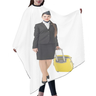 Personality  Stewardess In Uniform Walking With Suitcase Isolated On White Hair Cutting Cape