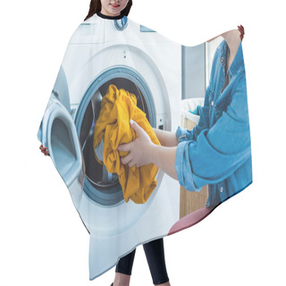 Personality  Cropped Shot Of Young Woman Putting Laundry Into Washing Machine Hair Cutting Cape