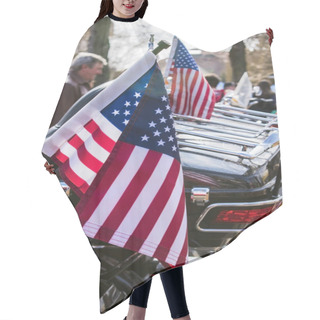 Personality  USA Flags Are Displayed At The Back Of Motorbike On Czech Motor Season Opening. Hair Cutting Cape