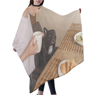 Personality  Selective Focus Of Happy Girl Holding Cup And Looking At French Bulldog  Hair Cutting Cape