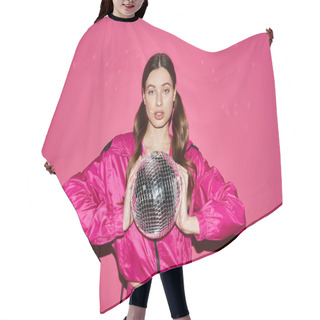 Personality  Stylish Young Woman In Her 20s, Wearing A Pink Jacket, Holding A Disco Ball, Against A Vibrant Pink Background. Hair Cutting Cape
