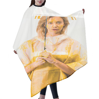 Personality  Attractive Woman In Raincoat Painted With Yellow Paint Standing Under Umbrella Isolated On White Hair Cutting Cape