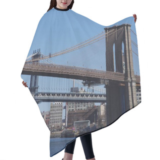 Personality  The Brooklyn Bridge, Manhattan. New York, NY, USA. April 4, 2015.  Hair Cutting Cape