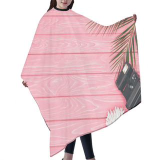 Personality  Top View Of Instant Print Camera With Coral And Palm Leaves On Pink Wooden Surface Hair Cutting Cape