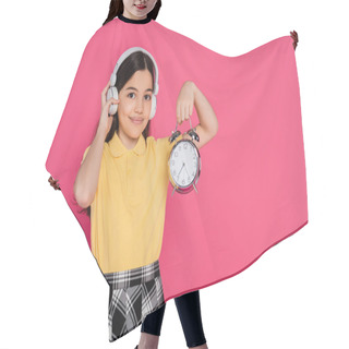Personality  Happy Schoolgirl In Wireless Headphones Holding Vintage Alarm Clock Isolated On Pink, Student Life Hair Cutting Cape