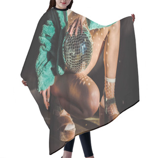Personality  Cropped View Of Stylish Girl In Green Fur Coat Holding Disco Ball Hair Cutting Cape