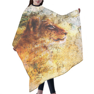 Personality  Little Lion Cub Head. Animal Painting, Abstract Color Background With Spots And Crackle. Hair Cutting Cape
