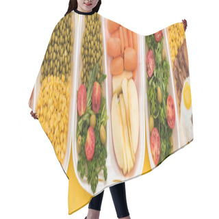 Personality  Panoramic Shot Of Eco Packages With Vegetables, Apples, Meat, Fried Eggs And Salads Isolated On Yellow     Hair Cutting Cape