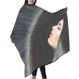 Personality  Healthy Long Black Hair. Beauty Brunette Woman Hair Cutting Cape