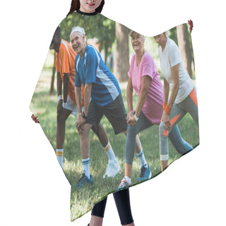 Personality  Happy Senior And Multicultural People Exercising On Grass  Hair Cutting Cape