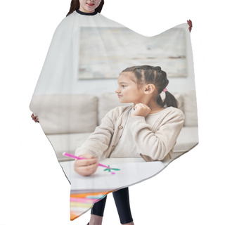 Personality  Distracted Cute Elementary Age Girl Drawing With Color Pencil On Paper In Modern Apartment Hair Cutting Cape