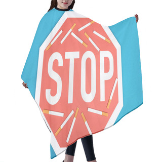 Personality  Studio Shot Of Stop Sign And Cigarettes Isolated On Blue, Stop Smoking Concept Hair Cutting Cape