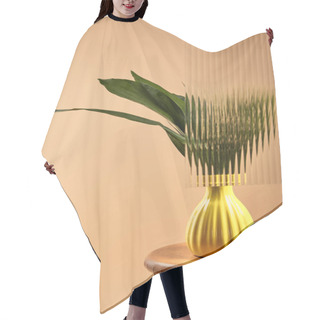 Personality  Green Leaves Of Plant In Yellow Vase Isolated On Beige Behind Reed Glass  Hair Cutting Cape