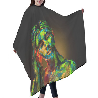 Personality  Portrait Of Beautiful Woman With Colorful Ultraviolet Paints On Body On Black Backdrop Hair Cutting Cape