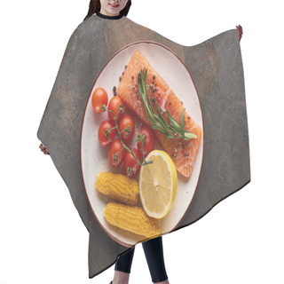 Personality  Top View Of Raw Salmon Steak With Tomatoes, Corn, Lemon, Rosemary And Pepper On Plate Hair Cutting Cape