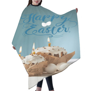 Personality  Traditional Easter Cakes With Burning Candles And White Chicken Eggs On Blue Background With Happy Easter Lettering Hair Cutting Cape
