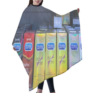 Personality  Tyumen, Russia - October 28, 2019: Condoms Durex On The Shelves Of The Hypermarket. Personal Protective Equipment Hair Cutting Cape