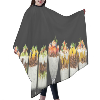 Personality  Fresh Granola With Fresh Fruits And Berries Isolated On Black, Panoramic Shot Hair Cutting Cape
