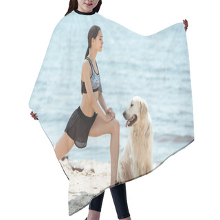 Personality  Side View Of Asian Female Athlete Doing Lunges Near Golden Retriever On Beach  Hair Cutting Cape
