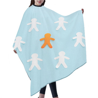 Personality  Flat Lay With Unique Orange Decorative Man Among White On Blue Hair Cutting Cape