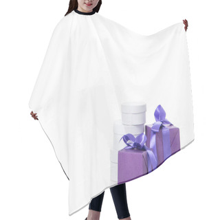 Personality  Close Up View Of Arrangement Of Various Wrapped White And Purple Gifts Isolated On White Hair Cutting Cape