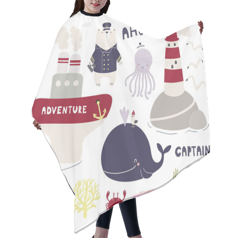 Personality  Sea Set With Cute Funny Animals And Ship With Lighthouse, Hand Drawn Vector Illustration, Scandinavian Style Design, Concept Kids  Hair Cutting Cape