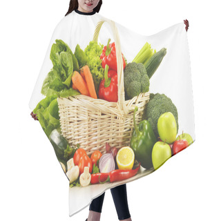 Personality  Raw Vegetables In Wicker Basket Isolated On White Hair Cutting Cape