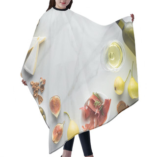 Personality  Flat Lay With Wine, Brie Cheese, Jamon And Figs Assorted On White Marble Tabletop Hair Cutting Cape