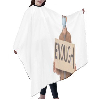 Personality  Panoramic Crop Of Teacher In Medical Mask Holding Signboard With Enough Lettering Isolated On White Hair Cutting Cape