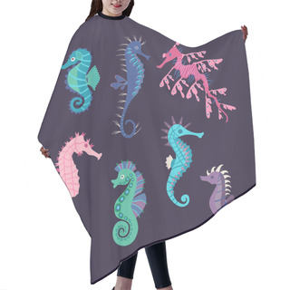 Personality  Set Colorful Seahorses. Pretty Seahorses Different Silhouette On Dark Background. For Festive Card, Logo, Children, Pattern, Tattoo, Decorative, Creative Concept. Cartoon Vector Illustration Hair Cutting Cape