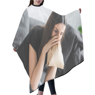 Personality  Young Woman Breathing Into Paper Bag While Suffering From Panic Attack At Home Hair Cutting Cape