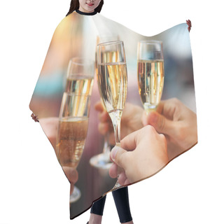 Personality  Celebration. Holding Glasses Of Champagne Hair Cutting Cape