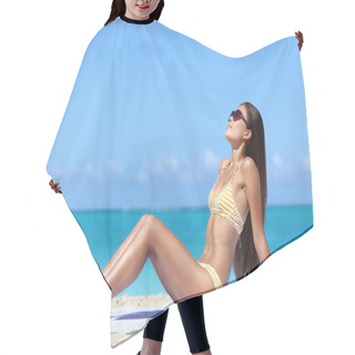 Personality  Beach Sunglasses Woman Sun Tanning In Sexy Bikini. Full Body Girl Lying Down Getting A Suntan On Skin Wearing Eyewear. Skincare Solar Uv Rays Protection Concept. Hair Cutting Cape