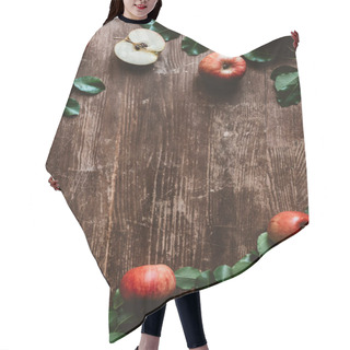 Personality  Flat Lay With Arranged Ripe Apples And Green Leaves On Wooden Tabletop Hair Cutting Cape