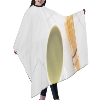 Personality  Top View Of Green Matcha Tea With Whisk On White Table Hair Cutting Cape