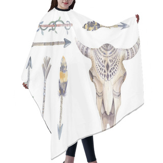 Personality  Watercolor Cow Skull With Flowers , Arrows And Feathers. Boho Tr Hair Cutting Cape